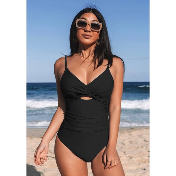 Cupshe Timeless Black Ruched One-Piece Swimsuit Womens Size XL Cut Out Front NEW - Picture 2 of 10